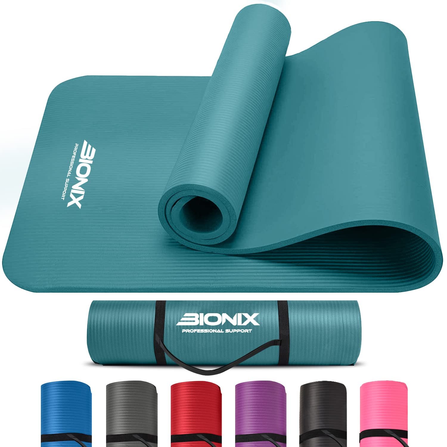Bionix Exercise Yoga Mat with Carry Handle Strap – Extra Thick NBR Yoga Mats for Women and Men – 180cm x 60cm Durable, Non Slip Mat – Gym Mats for Home, Camping, Pilates and Workout