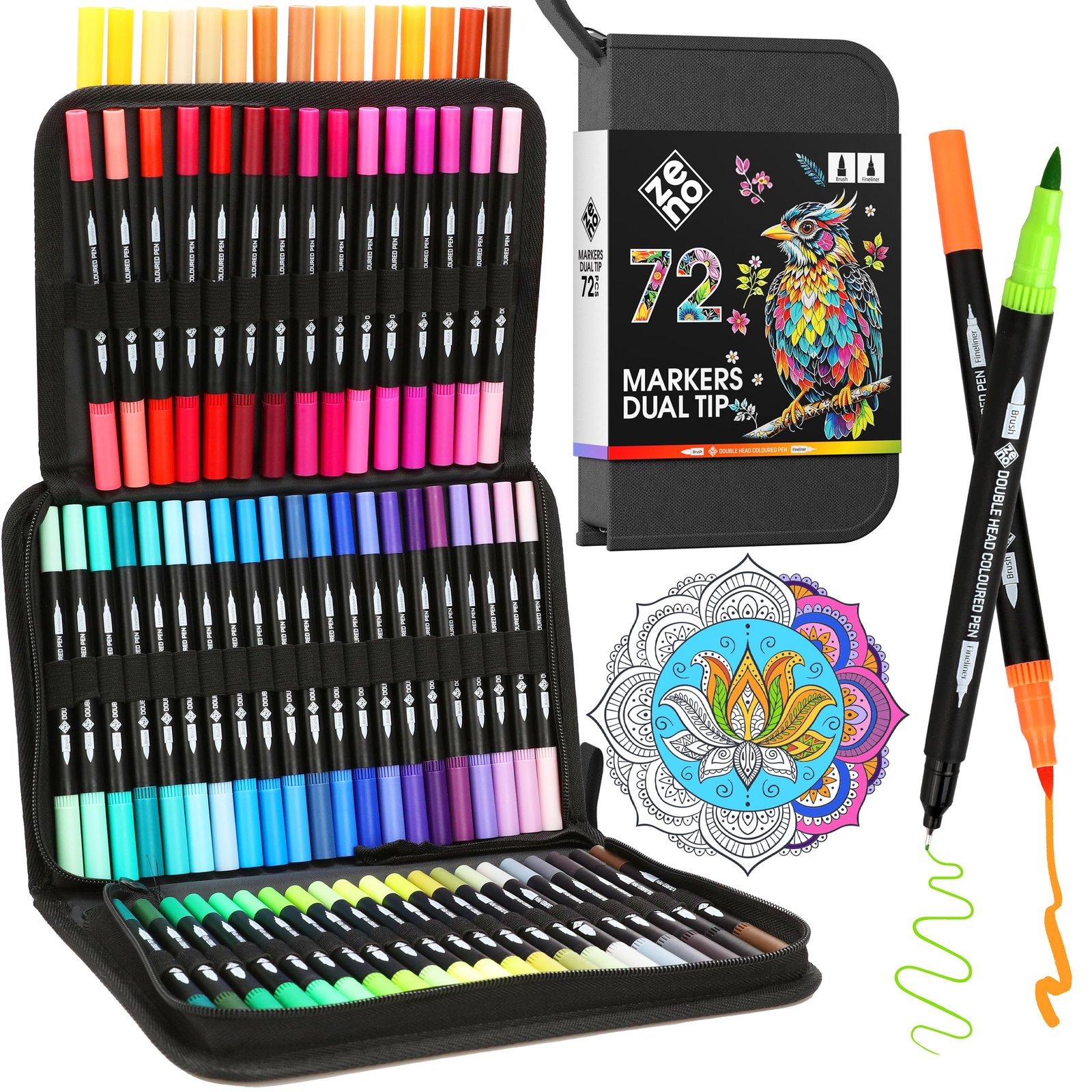 ZENO 72 Dual Tip Markers Set – Fine & Brush Tip – No-Bleed Coloring for Adults – Art Markers – Watercolor Pens for Artists, Coloring, and Journaling