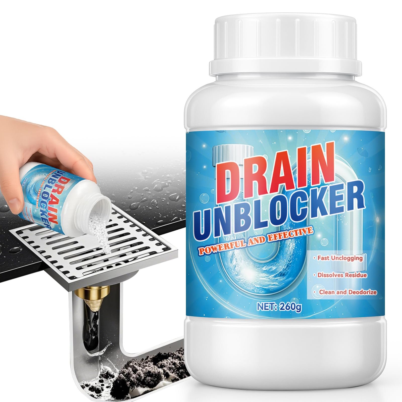 Bathroom Drain Unblocker 260g – Powerful Drain Cleaner and Unblocker for Hair, Grease, Soap Scum, Safe for All Pipes and Septic Systems, Ideal for Toilet, Shower, and Kitchen