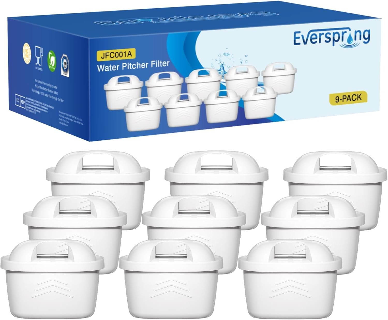 EVERSPRING Water Filter Cartridges,Compatible with Brita Maxtra+,Maxtra Plus,Maxtra Pro All-in-1,Brita Marella Jug, Kettle, Mavea, Anna Duomax, Reduce PFAS, PFOA/PFOS, TÜV SÜD, NSF Certified, 9 Pieces