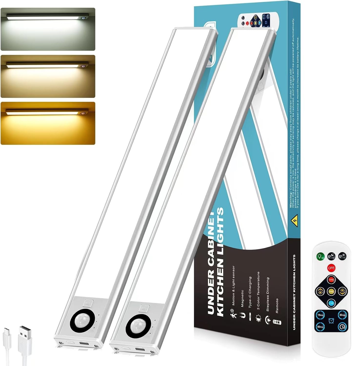 Under Cabinet Kitchen Lights,2Pack 72LEDs Magnetic Wardrobe Lights Motion Sensor,3 Color Temps Dimming,3000mAh Type-C Rechargeable,Cupboard Night Lights with Remote for Kitchen,Bedroom,Hallway [Energy Class E]