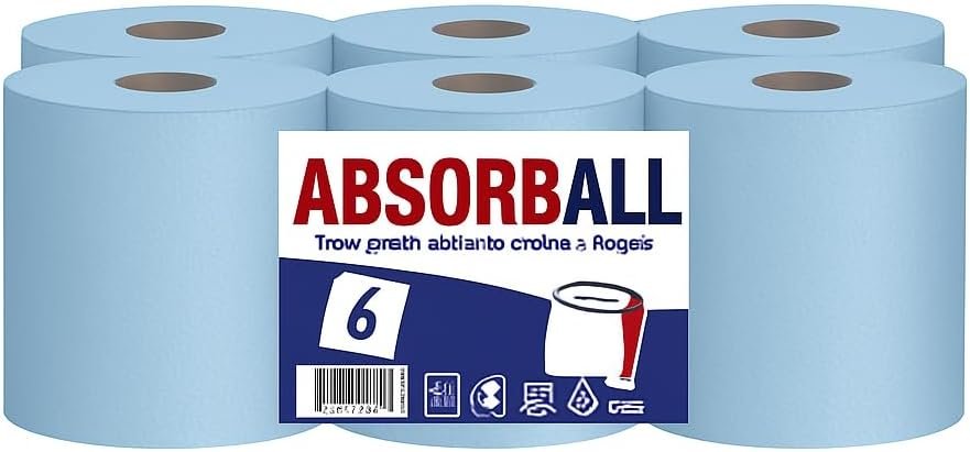 AbsorbAll Blue Centrefeed Paper Rolls, 2-Ply Quilted & Embossed – Super Absorbent & Extra Strong, 6-Roll Pack for Kitchen, Garage, Restaurant & Commercial Cleaning
