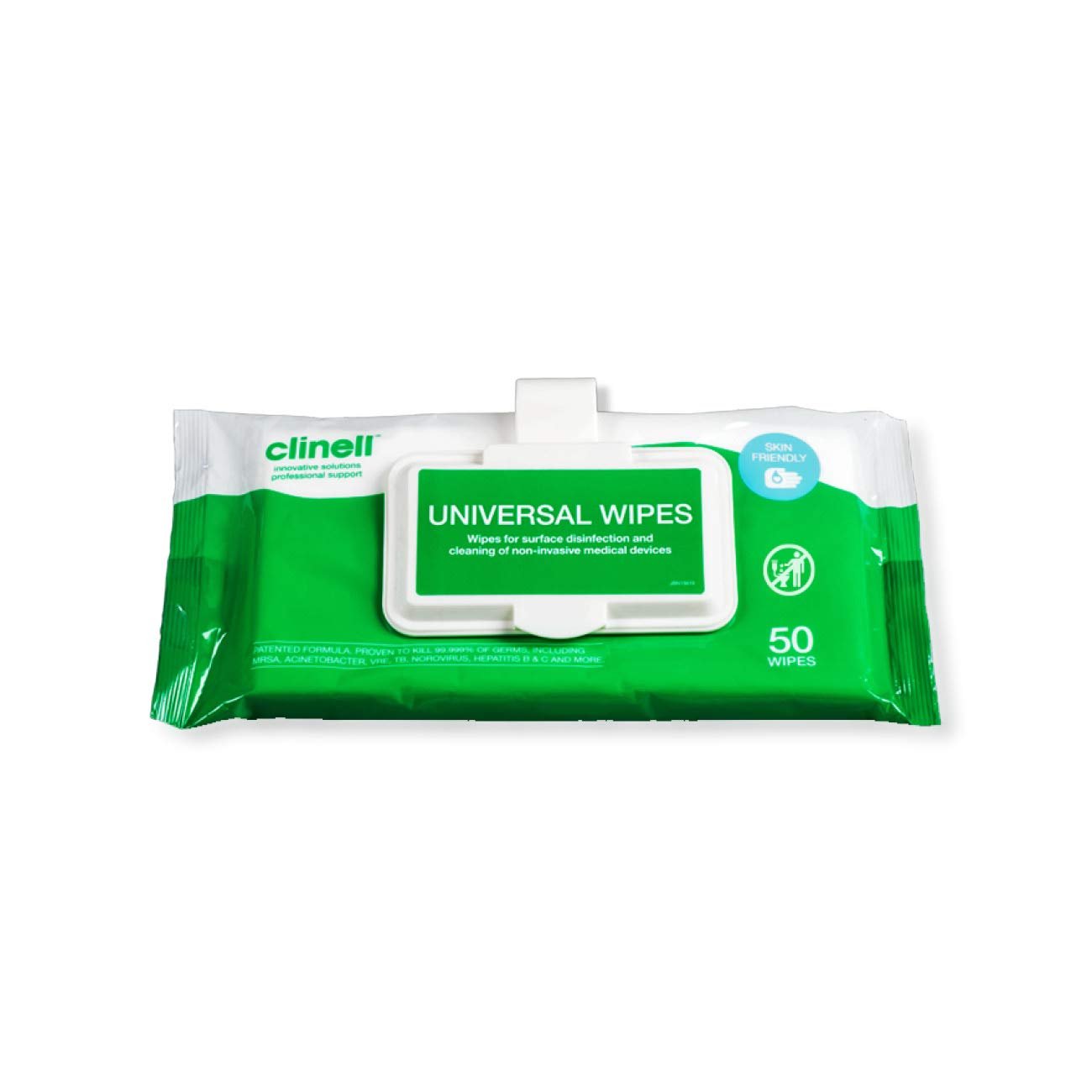 Clinell Universal Cleaning and Surface Disinfection- Multi Purpose – Kills 99.99% of Germs, Effective from 30 Seconds – 1 x Clip Pack of 50 Wipes