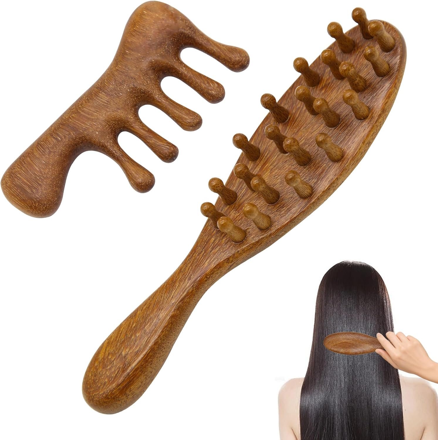 2Pcs Loc Comb for Sisterlocks, Handcrafted Wooden Scalp Massager Comb Natural Brush & Detangling Tool for Dreadlocks, Curly Hair Portable Set for Massage, Gua Sha & Facial Care.Hair Brushes & Combs
