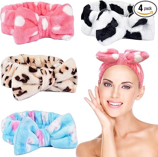 Pack of 4 Spa Bowknot Hair Bands, Elastic Coral Fleece Face Headband for Women, Makeup & Face Washing, Yoga (White, Pink, Blue, Leopard, One Size)