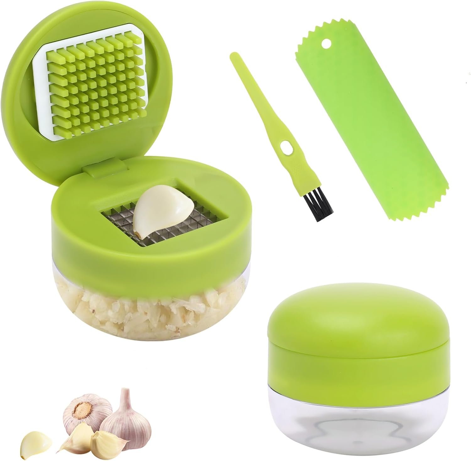 Garlic Press Set, 2-Piece Garlic Crusher with Silicone Peeler, Cleaner Brush, Stainless Steel Blades, Easy to Use for Shredded Ginger and Fruit