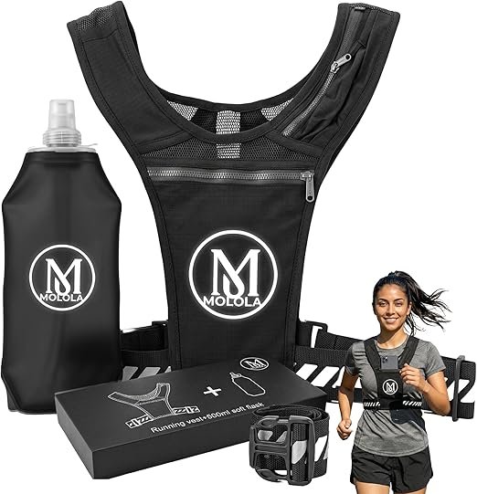 Molola Running Vest with Water Bottle 500ml – Running Vest Women & Men Performance – Running Hydration Vest with Adjustable Chest Straps & 5 Pockets – Reflective Hydration Backpack with Phone Holder
